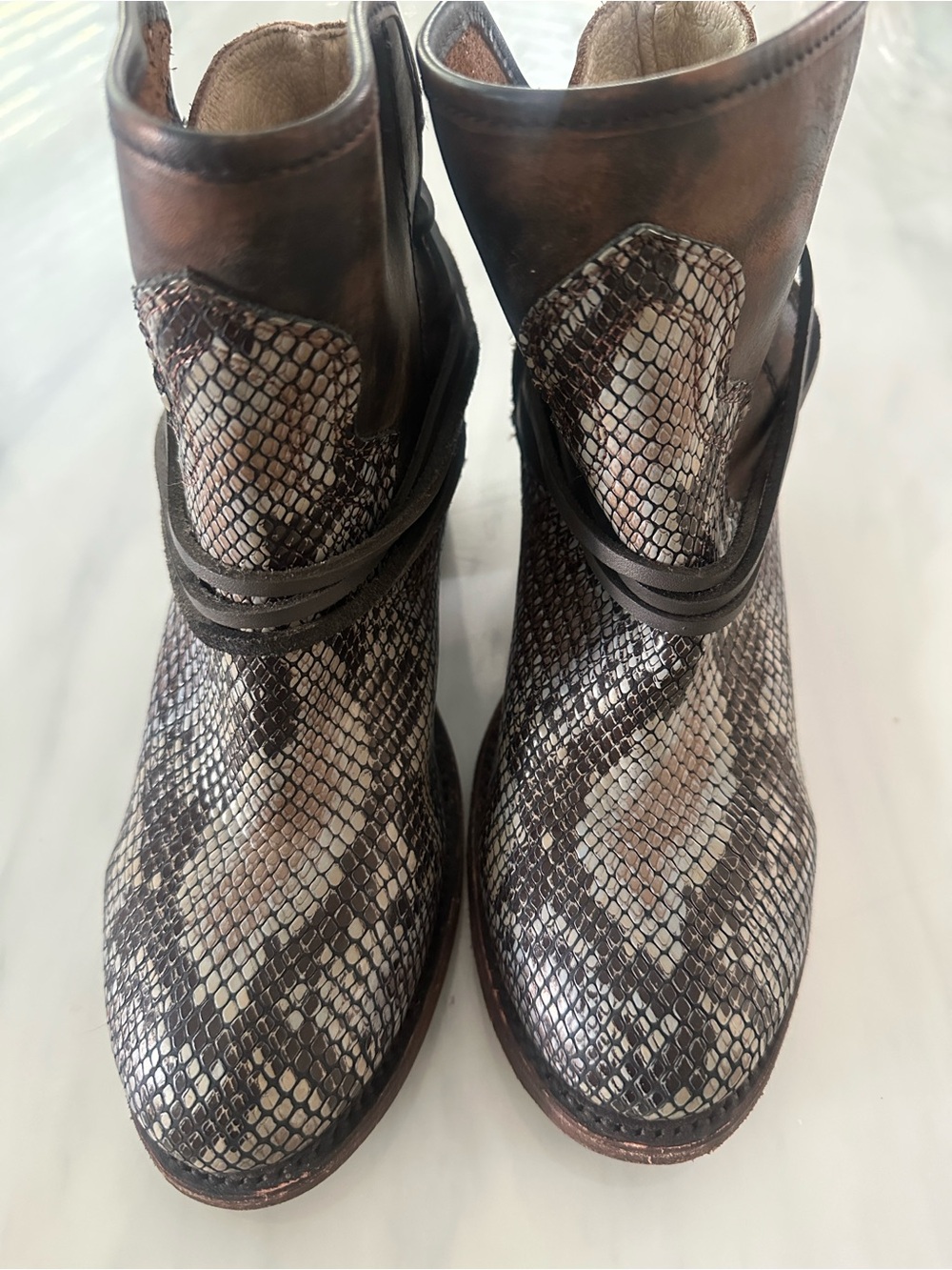 Freebird by Steven Black, Brown, and Olive Snake-Effect Leather Ankle Boots